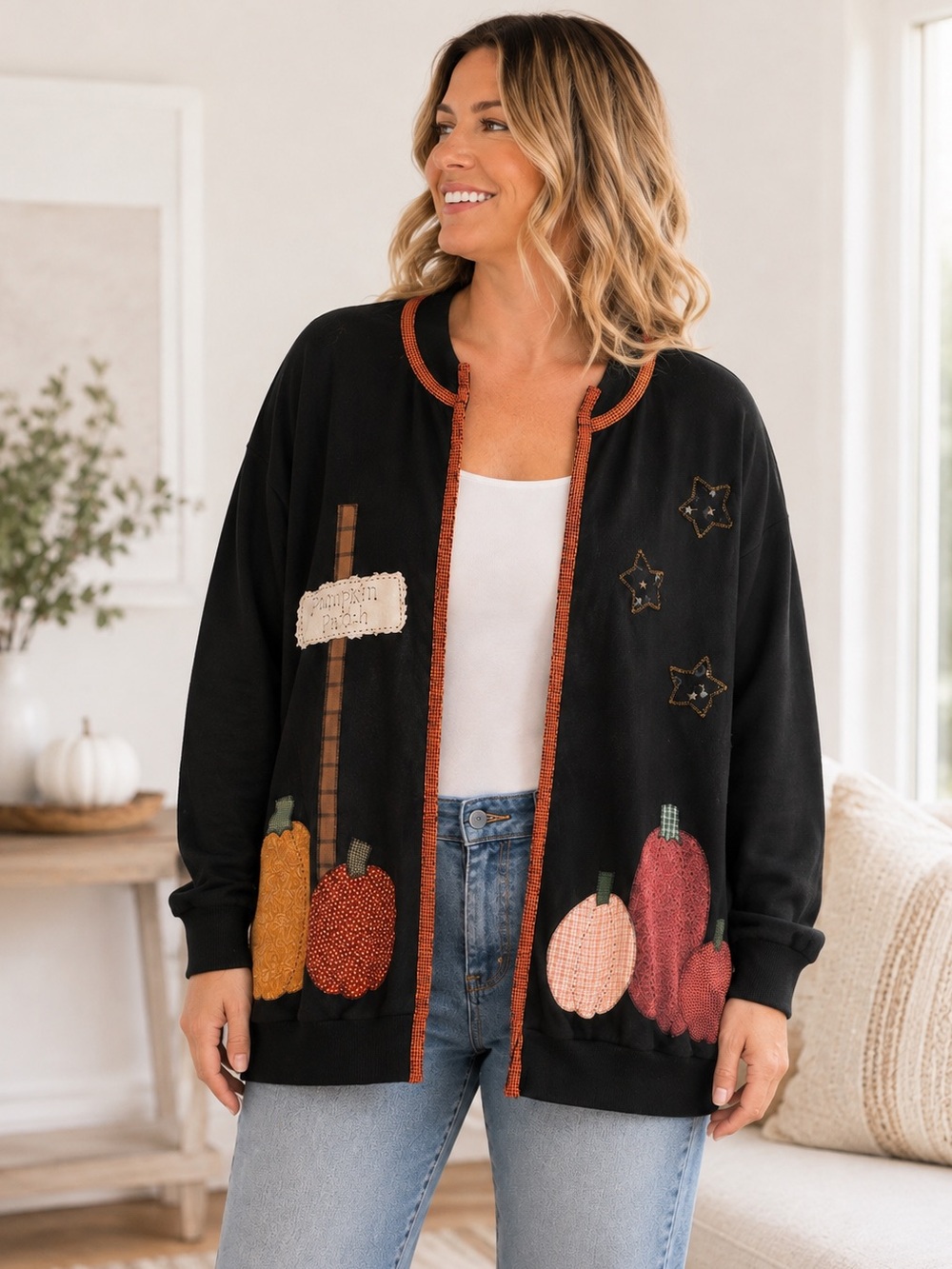 Vintage 90s Jerzees Pumpkin Patch Appliqué Cardigan XL Made USA Folk Art